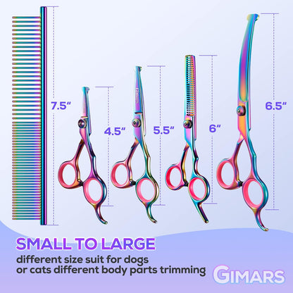 Gimars Titanium Coated Professional 6 in 1 4CR Stainless Steel Dog Grooming Scissors with Safety Round Tip, Heavy Duty Pet Grooming Scissor for Dogs, Cats and Other Animals