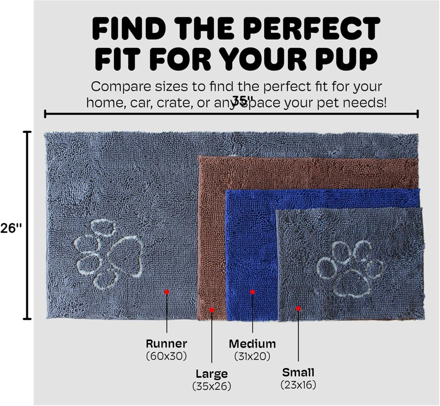 Dog Gone Smart Dirty Dog Doormat - Fast Drying Rug with Super Gripper Backing for Clean Floors - Super Absorbent and Machine Washable Mat for Muddy Paws - Grey