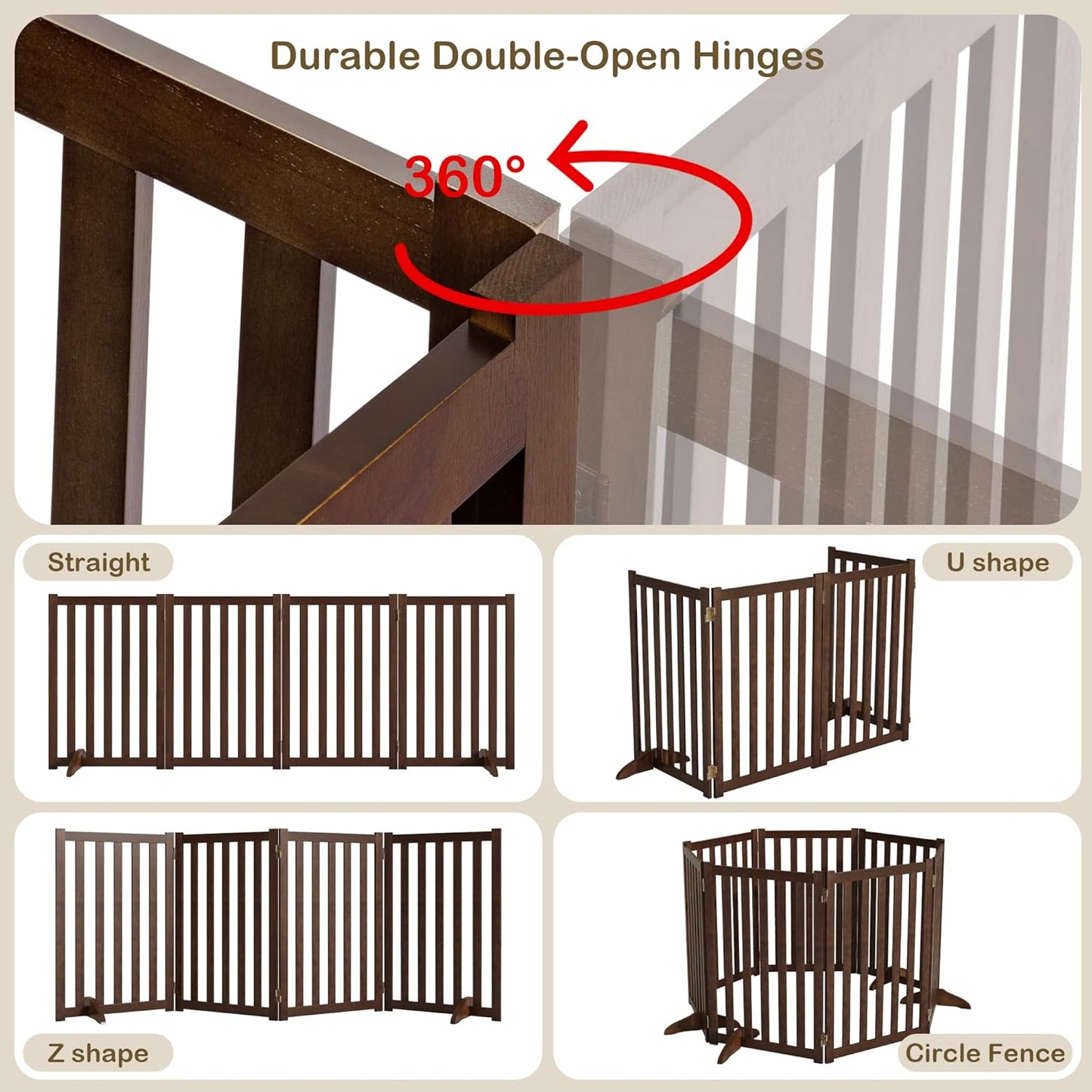 36" Height Extra Tall Freestanding Pet Gate, Solid Wood Folding Safety Fence Wooden Dog Gate with 2 PCs Support Feet Ideal for Stairs, Doorways, Halls, Kitchens, Heavy Duty Gates, 3 Panels, Oak