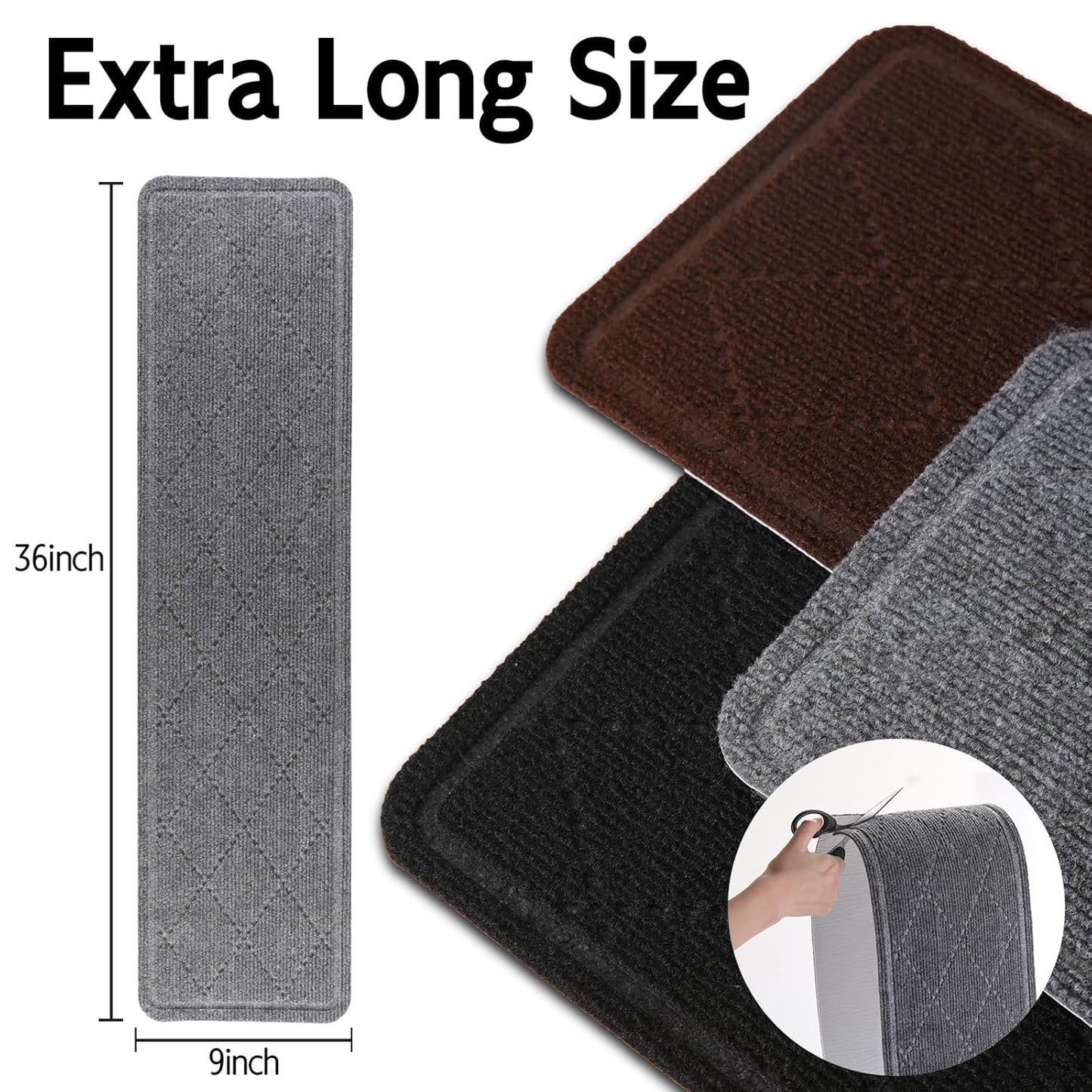 RIOLAND Carpet Stair Treads for Wooden Steps Indoor 9" x 36" Non Slip Stair Treads for Wood Stair with Reusable Adhesive, 15 Pack Peel and Stick Stair Runner for Kids Elders and Dogs, Diamond Gray