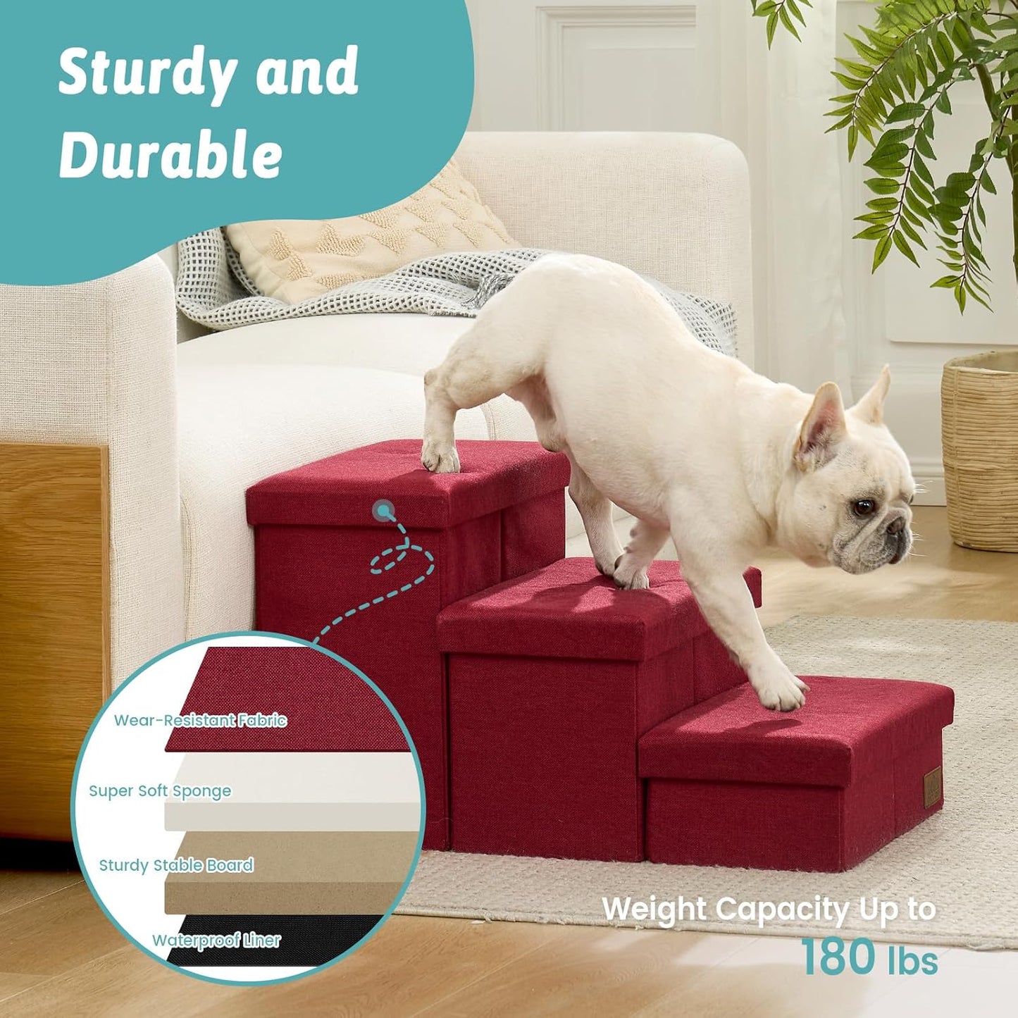 Dog Stairs with Storage, 4-Step Wider Sturdy Dog Steps for Small/Medium/Large Dogs and Older Cats, Folding Doggie Ramp for Bed/Couch/Car Hold Up to 180 lbs (22" H, Brown)