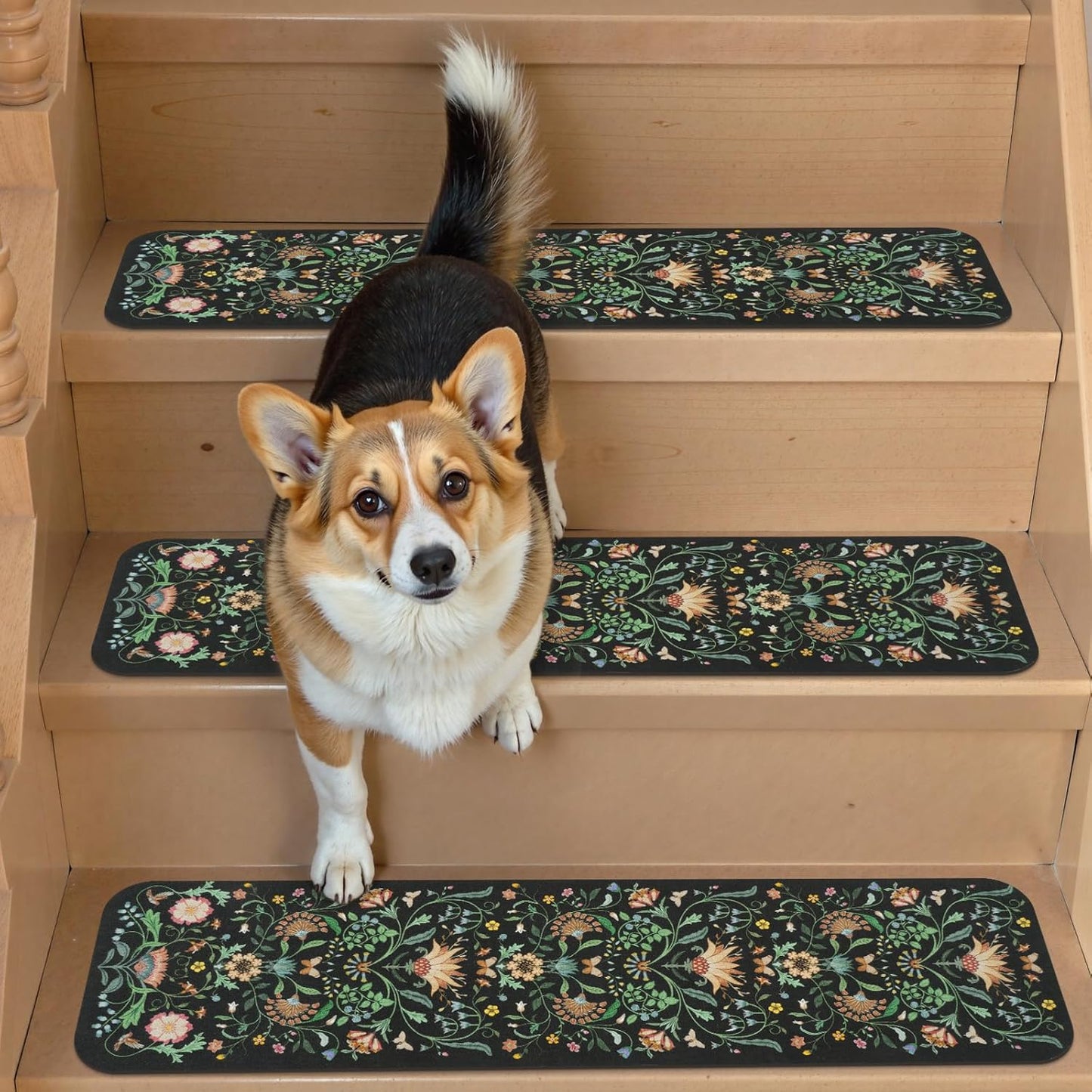 OJIA Floral Stair Treads Non-Slip Carpet Stair Treads for Wooden Steps Indoor 15PCS 30"x8" Stair Runner Stair Mats Staircase Step Treads for Kids, Elders and Dogs, Stair Covers, Black