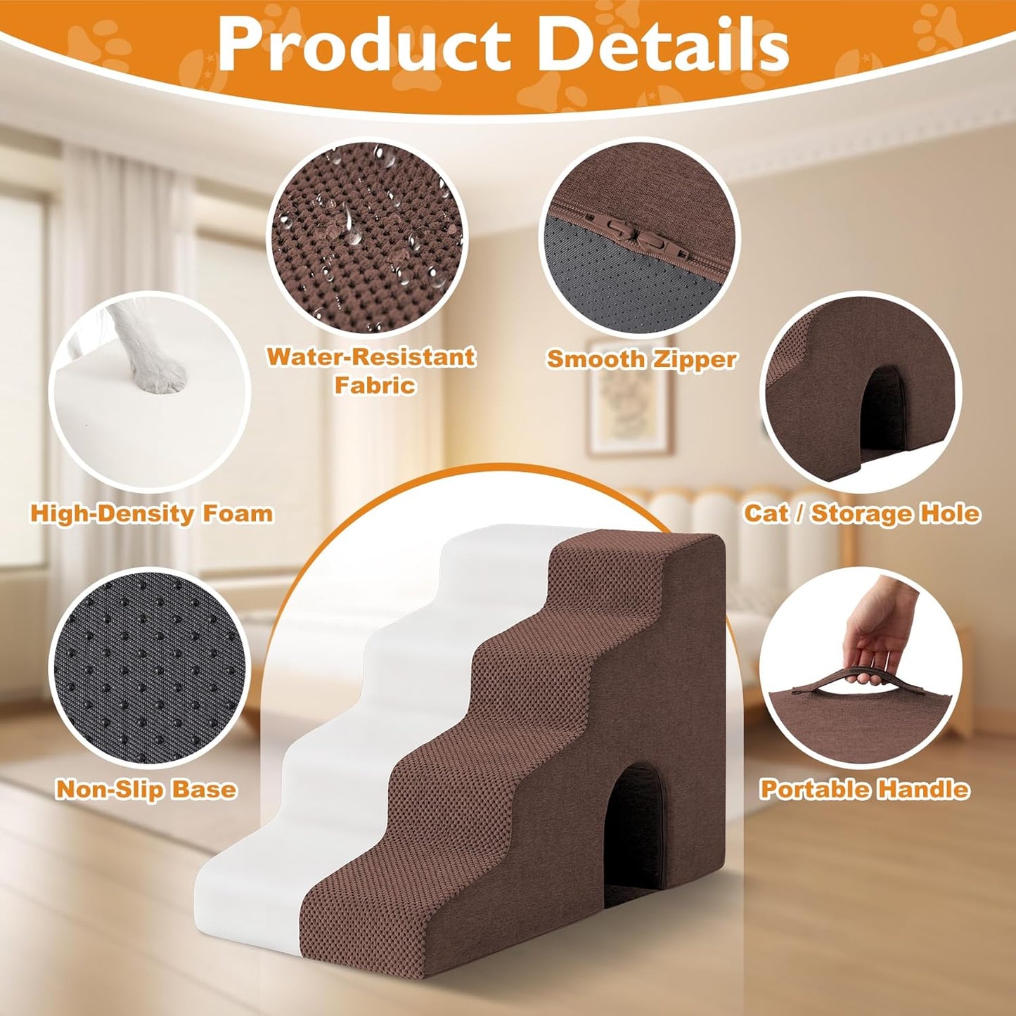 Dog Stairs for Bed 23’’ H, 5-Step Dog Steps for High Bed, Foldable Pet Stairs for Small Dogs and Cats to Get on Beds, Couch, Non-Slip Balanced Pet Steps and Ramp with Waterproof Cover, Grey