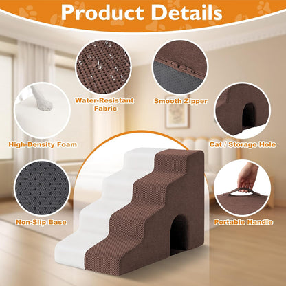 Dog Stairs for Bed 23’’ H, 5-Step Dog Steps for High Bed, Foldable Pet Stairs for Small Dogs and Cats to Get on Beds, Couch, Non-Slip Balanced Pet Steps and Ramp with Waterproof Cover, Grey
