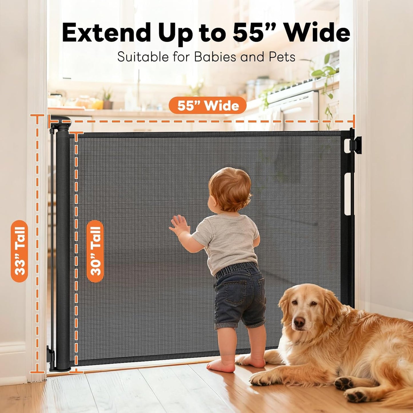 Retractable Baby Gate for Stairs and Doorways, 55" Wide x 33" Tall Mesh Dog Gate for Indoor & Outdoor Use, Safety Gate for Babies and Pets, Child Gates for Hallways, Hardware Mounted, Black