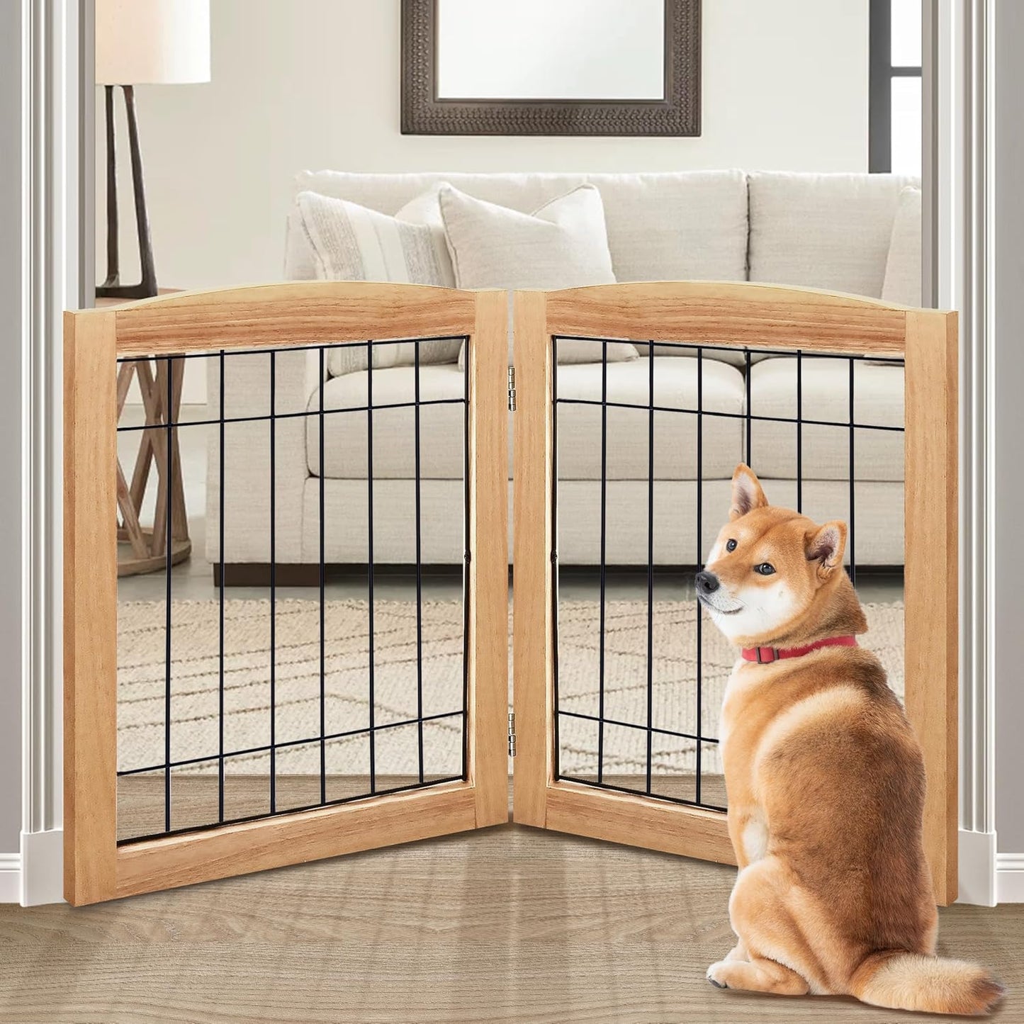 LZRS 2-Panel Freestanding Foldable Wood Dog Gate – Solid Wood & Steel Wire, Chew-Resistant Pet Barrier for Indoor Use, Ideal for Small to Medium Dogs, White