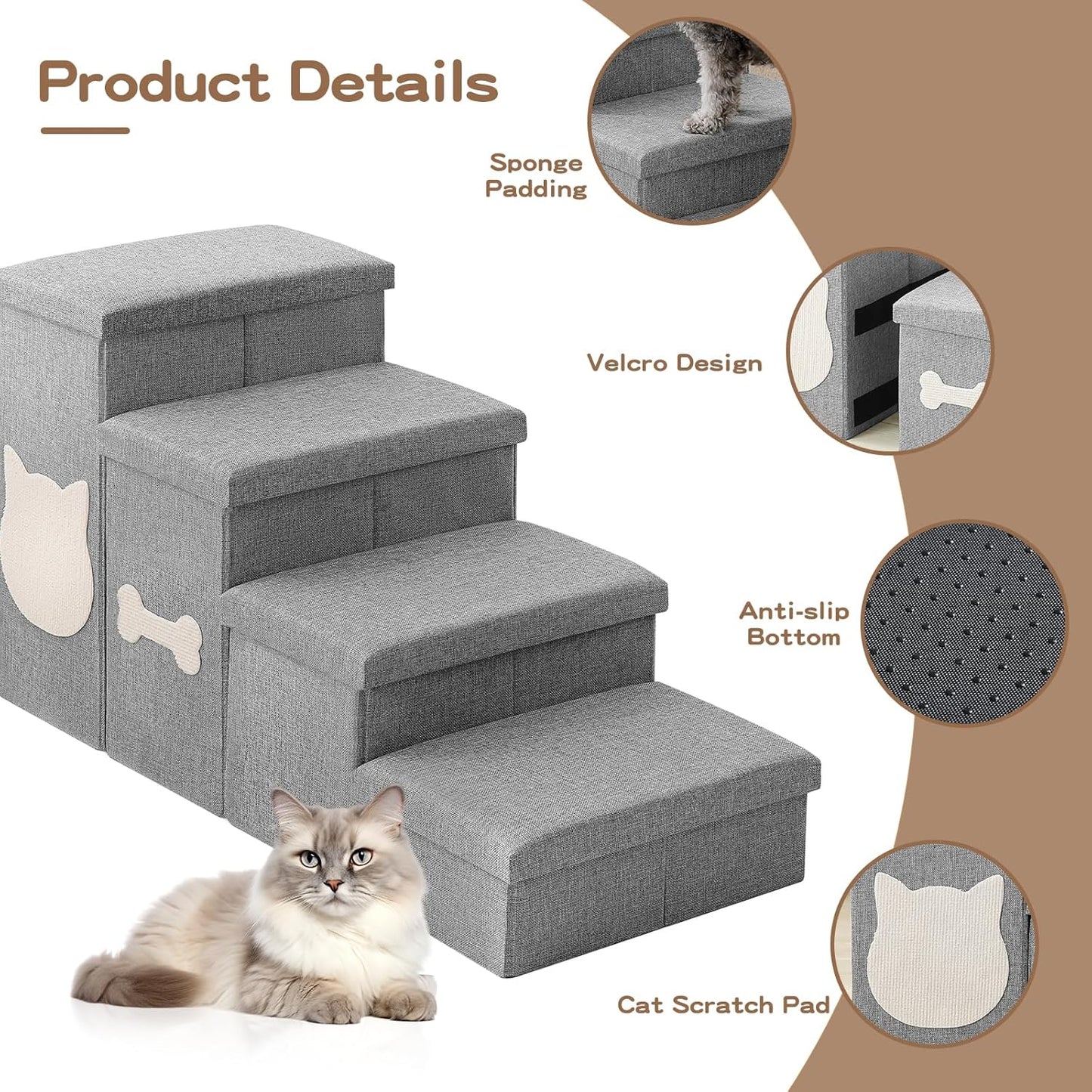 Wider Dog Steps for Bed 17" H, Foldable Dog Stairs with Storage, Non-Slip Pet Steps for Small Medium Large Dogs, Arthritis-Friendly Pet Stairs for Couch and Car Up to 200 lbs, Grey, 3 Steps