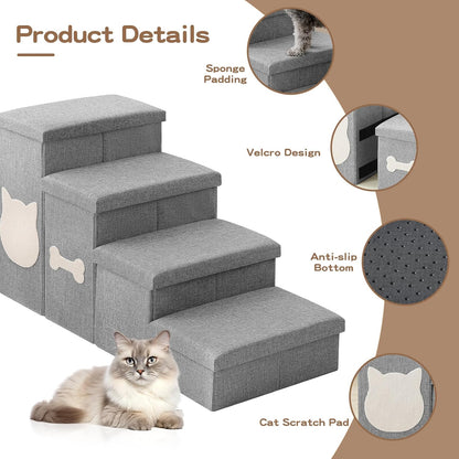 Wider Dog Steps for Bed 17" H, Foldable Dog Stairs with Storage, Non-Slip Pet Steps for Small Medium Large Dogs, Arthritis-Friendly Pet Stairs for Couch and Car Up to 200 lbs, Grey, 3 Steps