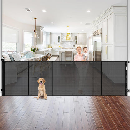 Reinforced 42" Tall Retractable Dog Gate, 155" Extra Long Retractable Baby Gate with Support Rods - Prevent Crawling Under, Indoor/Outdoor Retractable Gate Extra Tall Baby Gate Retractable Fence/Black