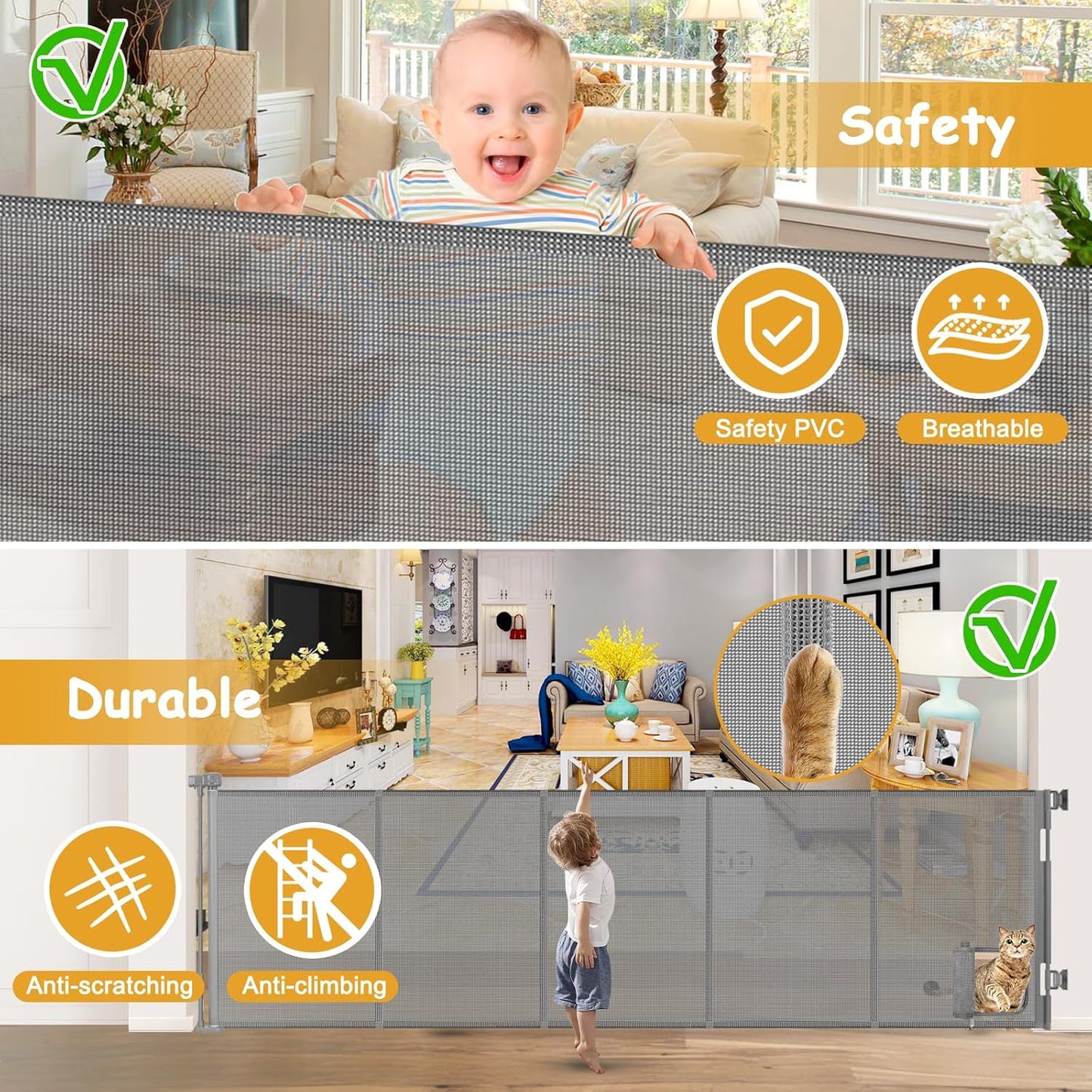 Reinforced 120 Inch Wide Retractable Baby Gates Extra Wide Pet Gate with Cat Door 10ft Extra Long Baby Gates for Large Openings 33 Inch Tall Reinforced Strips Retractable Dog Gate with Cat Door, Black