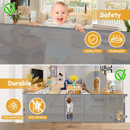 Reinforced 120 Inch Wide Retractable Baby Gates Extra Wide Pet Gate with Cat Door 10ft Extra Long Baby Gates for Large Openings 33 Inch Tall Reinforced Strips Retractable Dog Gate with Cat Door, Black