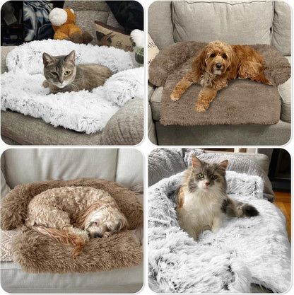 Calming Dog Bed Fluffy Plush Dog Mat for Furniture Protector with Removable Washable Cover for Large Medium Small Dogs and Cats (Large, Light Grey)