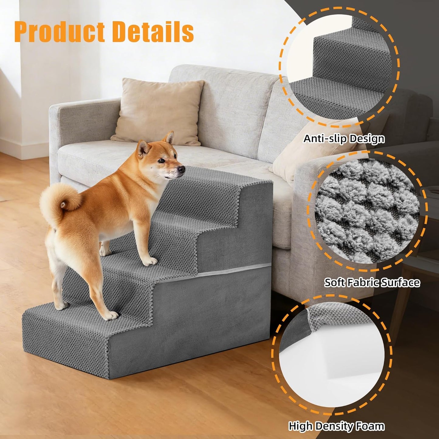 NEWBULIG 3-Step Dog Stairs, 15.7" H Dog Steps for Sofa and Chair, Non-Slip Sturdy Pet Steps for Small Dogs and Cats, Pet Ramp for High Bed Indoor(Grey)