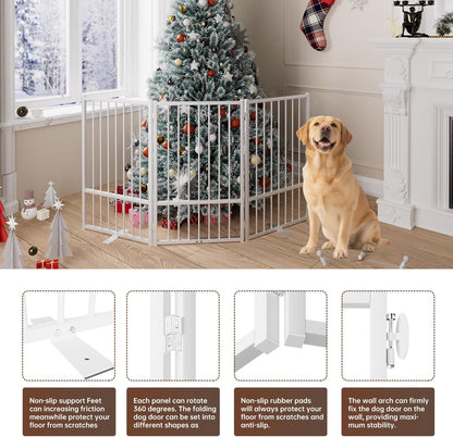 4 Panels Full Metal Freestanding Dog Gates with Door, 80” W x 32” H Folding Pet Gate Fence with Support Feet for Indoor,Stairs, Hallways and Doorways(Black)