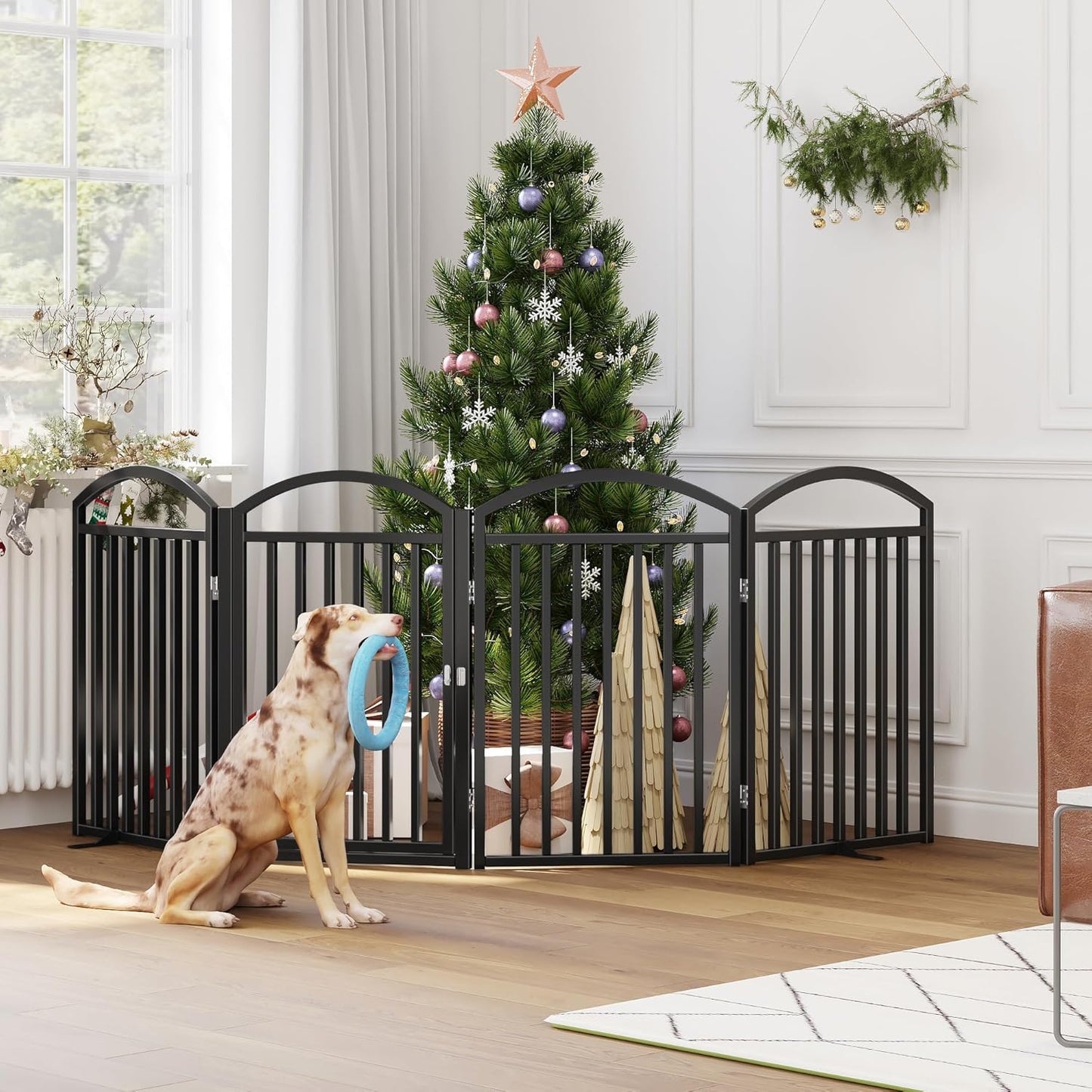 Folding No-Assembly Freestanding Dog Gate with Door,32" Heights Foldable Pet Fence,144" Extra Wide Accordion Puppy Folding Playpen for Doorways,House,Stairs (6 Panels,White)
