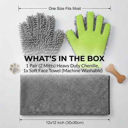 Dog Washing Gloves and Chenille Dog Drying Mitts, Dual-Sided Bath Sponge Alternative & Muddy Mitt for Paws, 3 Pcs Set (2 Gloves + 1 Towel)