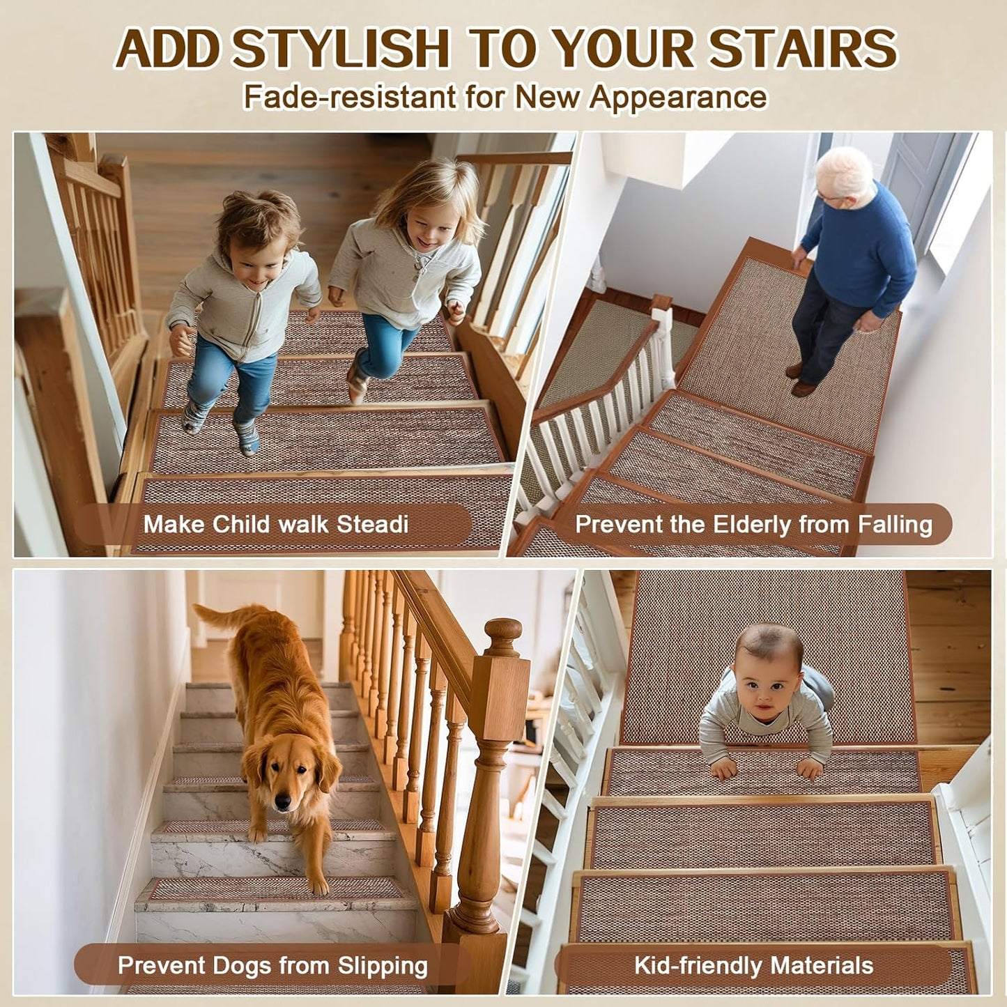 Stair Treads Non Slip, Rubber Backing Stair Treads for Wooden Steps, 15 PCS Thicken Linen Carpet Stair Runners Indoor for Kids Elders and Pets, No Residue Stair Carpet Treads, 8"x30", Beige