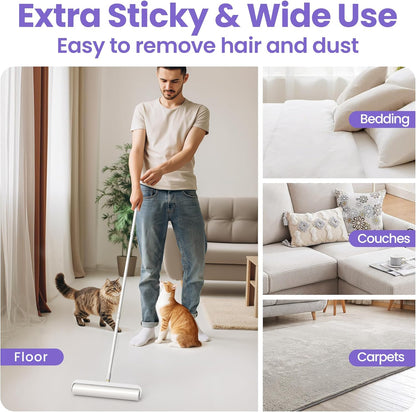 Large Lint Rollers for Carpet: Sticky Rollers for Floor DELOMO 9.45 in with 3 Extendable Handle, Long Handle Sticky Mop for Cleaning Carpets, Cars, Bedding, Couches, and Pet Hair - for Pet Homes