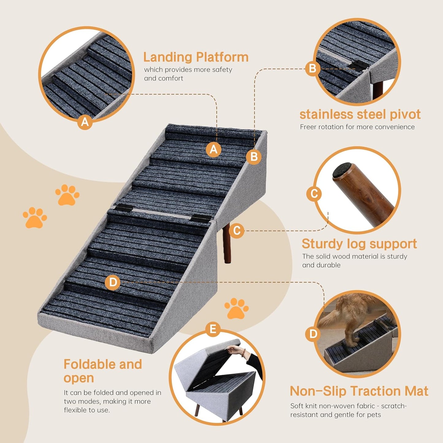 Dog Stairs for High Bed, 2-in-1 Ottoman Dog Stairs, 21 Inch Working Height, 6 Steps and Non-Slip Design for Large Dogs, Wooden Pet Furniture