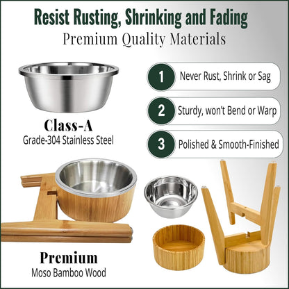 Elevated Slow Feeder Dog Bowls Large Breed - (12-inch-high) - Raised Bowl with Anti-Choking Insert - Stainless Metal and Bamboo