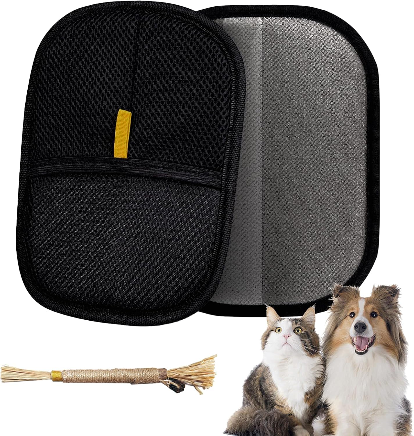 Pet Hair Removal Glove for Furniture, Carpet, Clothes and Car Seats, Electrostatic Cat & Dog Hair Removal Tool, Reusable Pet Hair Remover Glove with Silvervine Sticks (Black, 2 Gloves & 1 Stick)