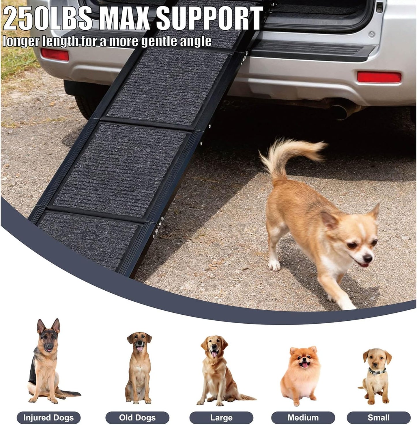 Extra Long Dog Ramp for Car, SUV & Truck - Portable Folding Pet Ramp for Large Dogs (Up to 250lbs) with Non-Slip Rug Surface & Safety Rope - Lightweight Aluminum for Easy Storage, (71" X19.5")
