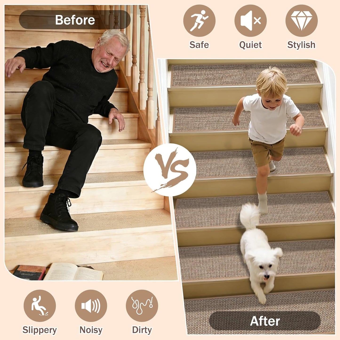Natural Linen Non Slip Stair Treads, 15 Pack 8" X 30" Carpet Stair Treads with Reusable TPE Adhesive Backing, Non Slip Stair Runner Indoor for Kids Elders and Pets, Machine Washable, Brown Weave