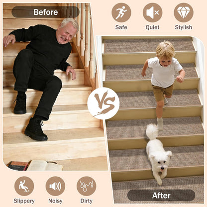 Natural Linen Non Slip Stair Treads, 15 Pack 8" X 30" Carpet Stair Treads with Reusable TPE Adhesive Backing, Non Slip Stair Runner Indoor for Kids Elders and Pets, Machine Washable, Brown Weave
