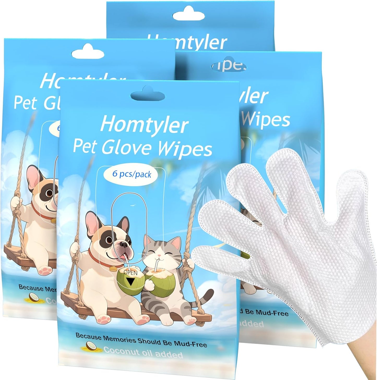 Homtyler Dog Wipes & Cleaning Gloves 2-in-1 for Dogs and Cats, Extra-Thick Pet Wipes with Coconut Oil for Lick-Safe Paws, Eyes, Ears & Body, Rinse-Free Waterless Bath for Deodorizing&Cleansing, 18 PCS