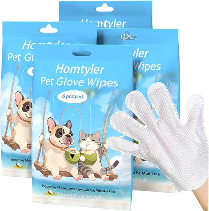 Homtyler Dog Wipes & Cleaning Gloves 2-in-1 for Dogs and Cats, Extra-Thick Pet Wipes with Coconut Oil for Lick-Safe Paws, Eyes, Ears & Body, Rinse-Free Waterless Bath for Deodorizing&Cleansing, 18 PCS