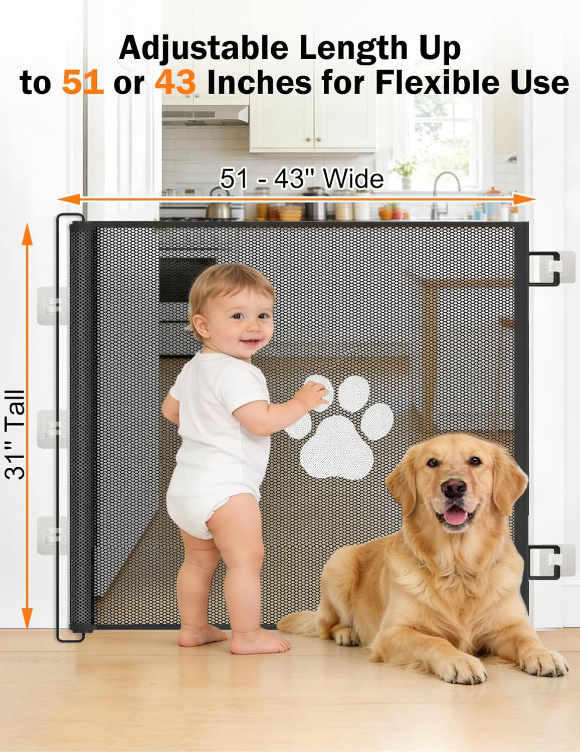 Retractable Mesh Pet Gate, Extra Tall 31'' Adjustable Width Up to 51/43 Inches for Doorways Stairs Hallways, Indoor Outdoor Dog Safety Barrier Net Panel (51'' Width)