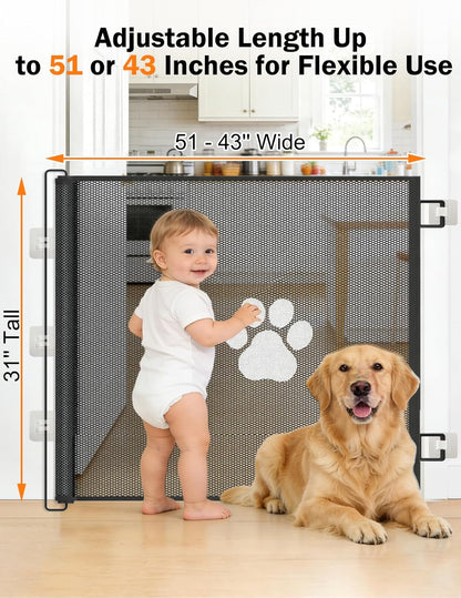 Retractable Mesh Pet Gate, Extra Tall 31'' Adjustable Width Up to 51/43 Inches for Doorways Stairs Hallways, Indoor Outdoor Dog Safety Barrier Net Panel (51'' Width)