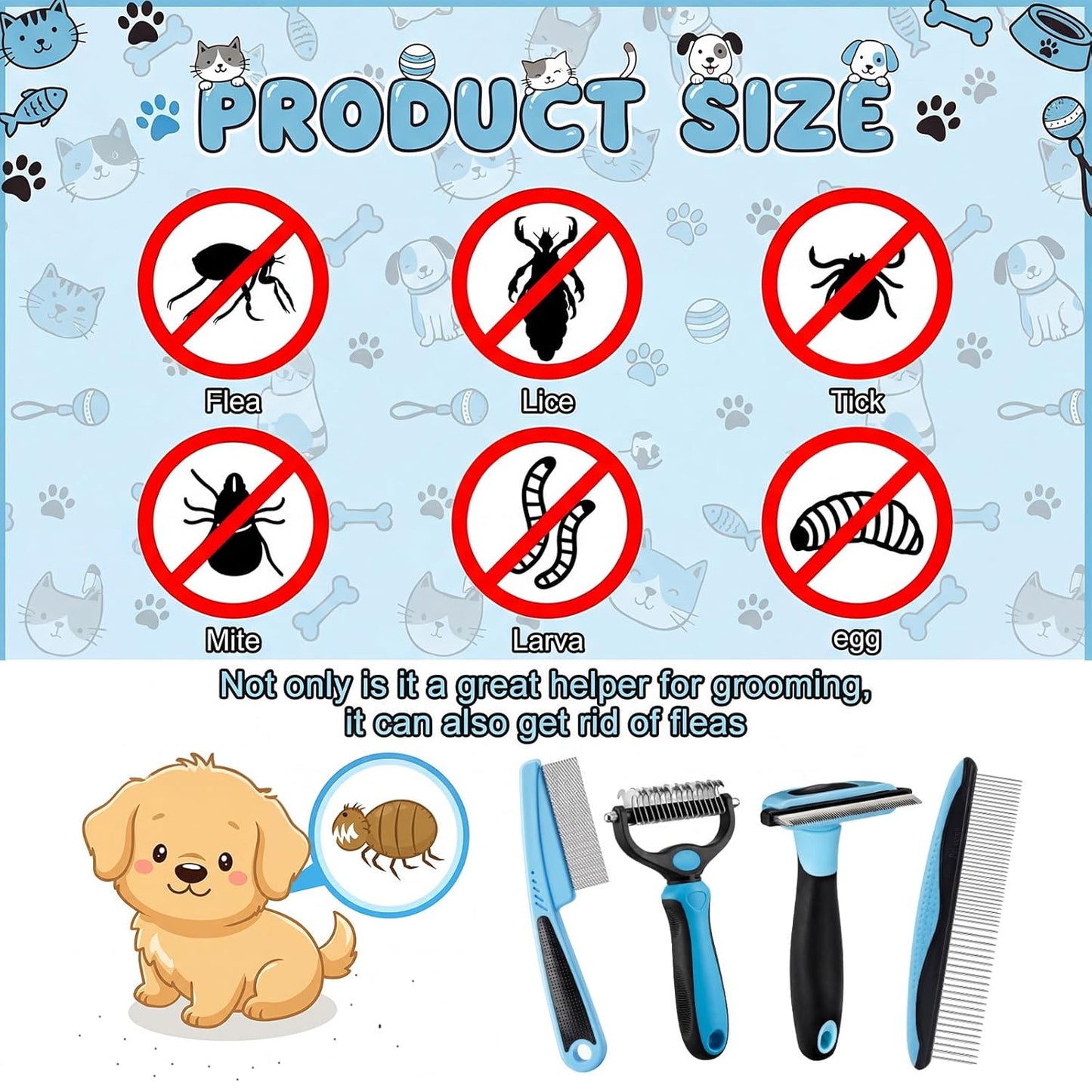 4 Pieces Pet Grooming Kit - Dematting Combs, Slicker Brush, and Steel Comb for Removing Knots and Hair from Dogs, Cats, and Poodles