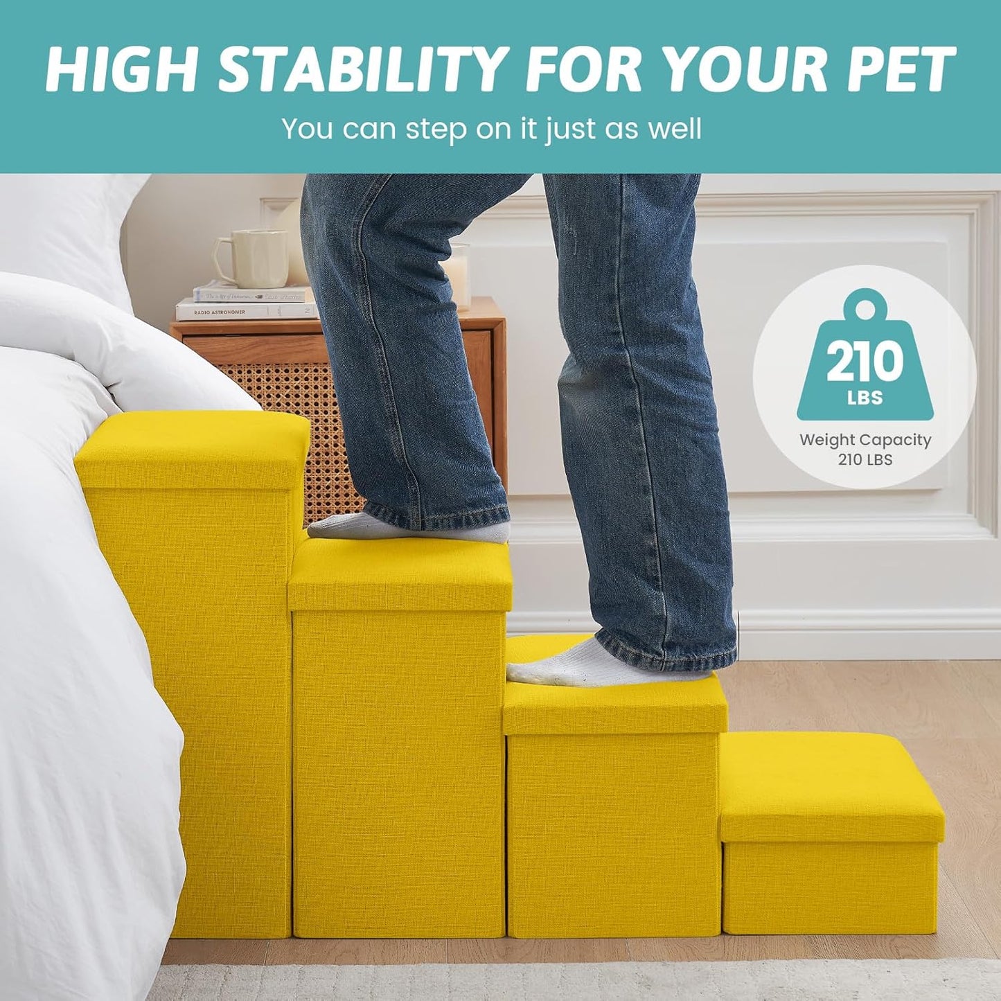 Dog Stairs with Storage, 4-Step Wider Sturdy Dog Steps for Small/Medium/Large Dogs and Older Cats, Folding Doggie Ramp for Bed/Couch/Car Hold Up to 180 lbs (22" H, Brown)