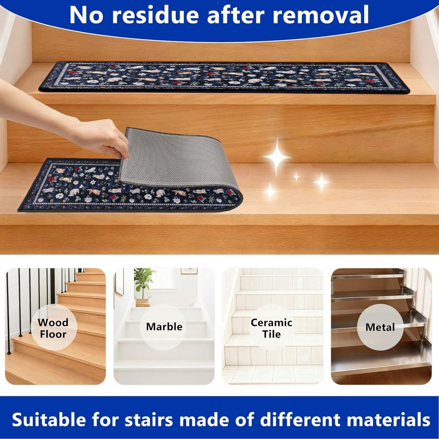 Animal Cat Dog Stair Treads Non Slip for Wooden Steps 15PCS 8"x30" Stair Carpet Treads TPR Backing Soft Stair Runner Washable Reusable Indoor Safety Stair Mats for Elders Kids Dogs Black