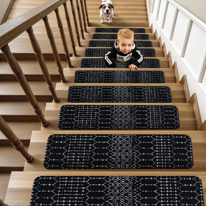 OJIA Boho Stair Treads Non-Slip Stair Runners for Wooden Steps Indoor 15PCS 30"x8" Washable Carpet Stair Treads Stair Mats Staircase Step Treads for Kids, Elders and Dogs, Stair Covers, Black