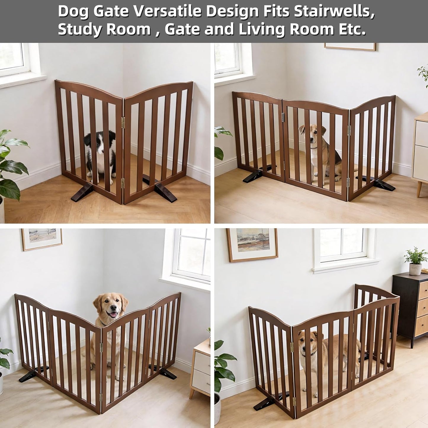 Freestanding Dog Gate Indoor,Doggie Gate Foldable Pet Gates for Doorways,Stairs or Hallways, Wooden Brown Pet Gate for the House, Pet Fence with Support Feet Included,24 "Height-3 Panels