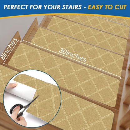 RIOLAND Stair Treads Carpet Non-Slip Indoor 15 PCS Wood Stair Treads Rugs Anti Moving Modern Stair Runners Safety for Kids Dogs, 8" X 30", Diamond Gray