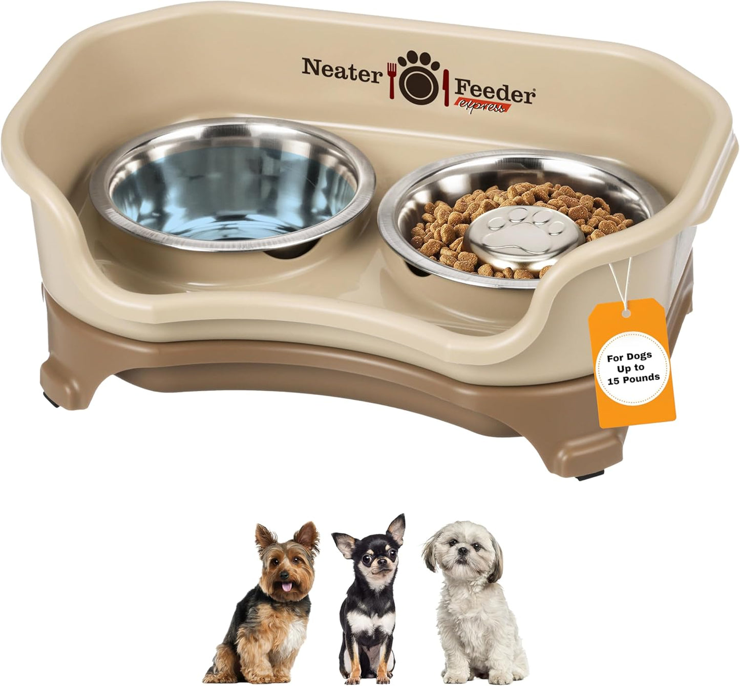 Neater Feeder Express Mess Proof Dog Bowls Elevated for Small Breeds under 15 Lb, Made in USA, No Spill Raised Dog Food Bowl Stand, Stainless Steel Food and Water Bowl Set, Feeding Station, Cappuccino