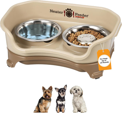 Neater Feeder Express Mess Proof Dog Bowls Elevated for Small Breeds under 15 Lb, Made in USA, No Spill Raised Dog Food Bowl Stand, Stainless Steel Food and Water Bowl Set, Feeding Station, Cappuccino