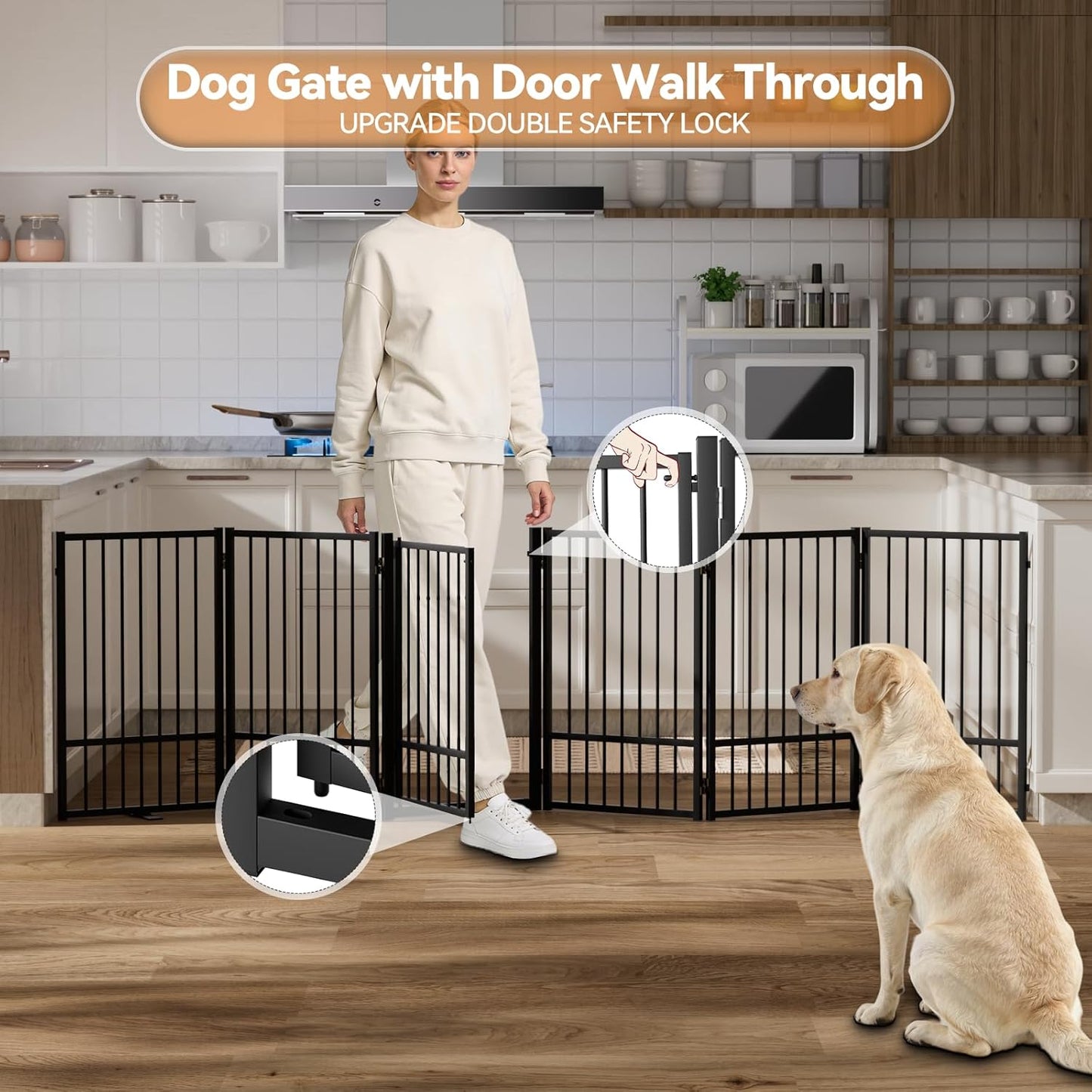 SNUOWU Full Metal Freestanding Dog Gate with Door, 32''Height Foldable Pet Dog Fence for Indoor & Outdoor, 4 Panels Extra Wide Free Standing TallDog Gates for Doorways,House,Stairs,Porch,Deck,Yard