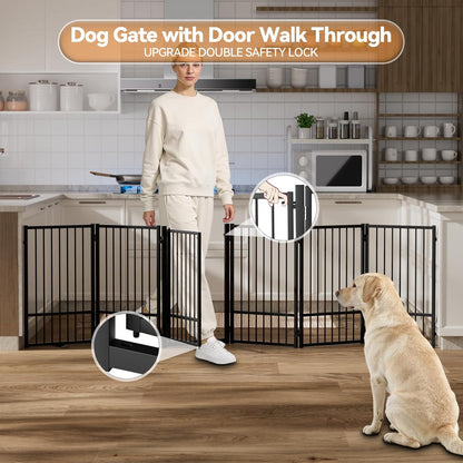 SNUOWU Full Metal Freestanding Dog Gate with Door, 32''Height Foldable Pet Dog Fence for Indoor & Outdoor, 4 Panels Extra Wide Free Standing TallDog Gates for Doorways,House,Stairs,Porch,Deck,Yard