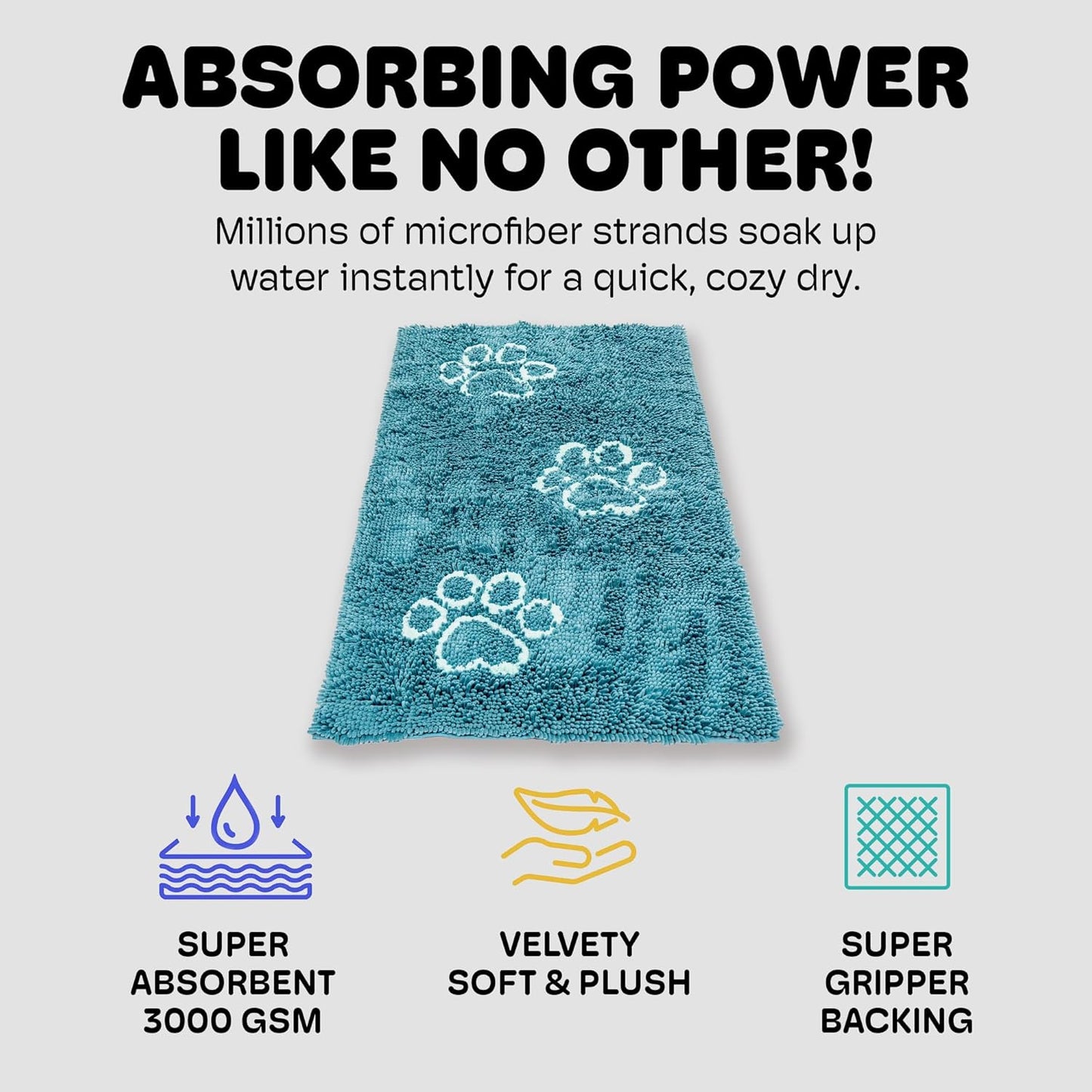 Dog Gone Smart Dirty Dog Doormat - Fast Drying Rug with Super Gripper Backing for Clean Floors - Super Absorbent and Machine Washable Mat for Muddy Paws - Grey