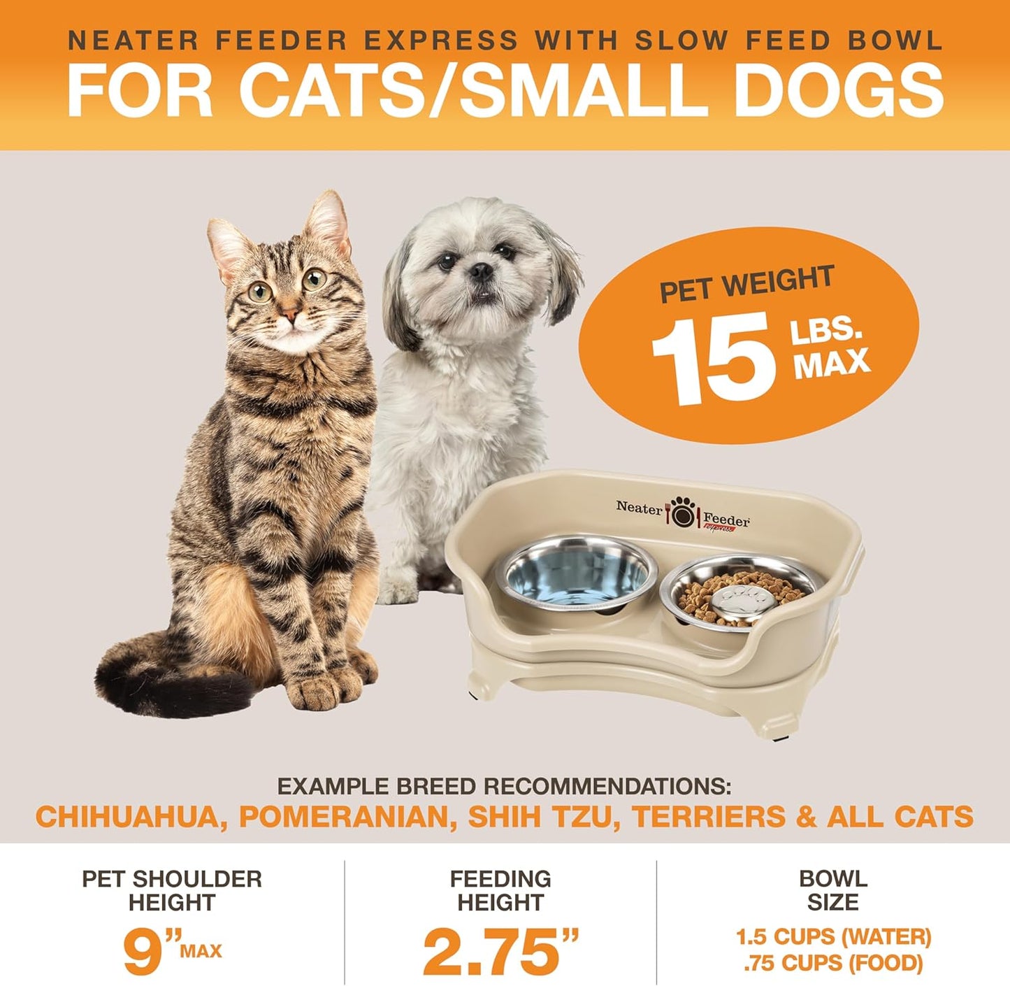 Neater Feeder Express Mess Proof Dog Bowls Elevated for Small Breeds under 15 Lb, Made in USA, No Spill Raised Dog Food Bowl Stand, Stainless Steel Food and Water Bowl Set, Feeding Station, Cappuccino