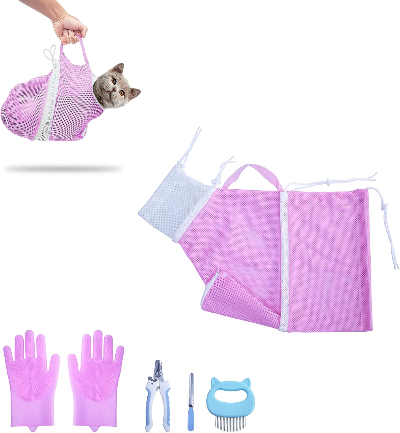 KlerRoem Cat Bathing Bag, Adjustable Anti-bite and Anti-Scratch Shower Mesh Grooming Bag for Pet Dogs, Includes Pet Nail Clipper, Nail File, Grooming Glove, and Cat Shell Comb