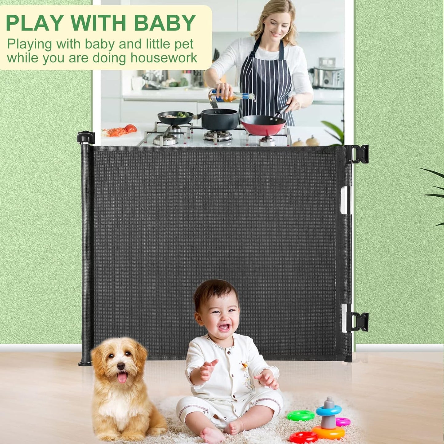Upgraded Retractable Baby Gate, Extra Wide Safety Kids or Pets Gate, 33” Tall, Extends to 71” Wide, Mesh Safety Dog Gate for Stairs, Indoor, Outdoor, Doorways, Hallways(33”x71”, Black)