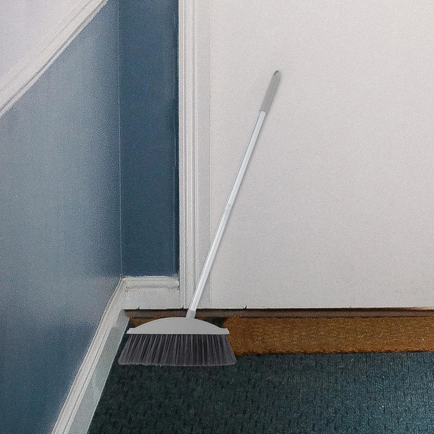 BESTonZON Pet Hair Broom with Large Plastic Angle Head Household Sweep Broom for Indoor and Outdoor Floor Cleaning Nordic Gray Long Handle for Efficient Hair and Garbage Removal