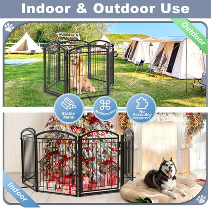 Full Metal Free Standing Dog Gate with Door for Indoor & Outdoor,96'' Extra Wide 32'' Tall Dog Gate for The Doorways,Large Openings,Decks,Porch,Pet Freestanding Safety Fence(4 Panels,Black)