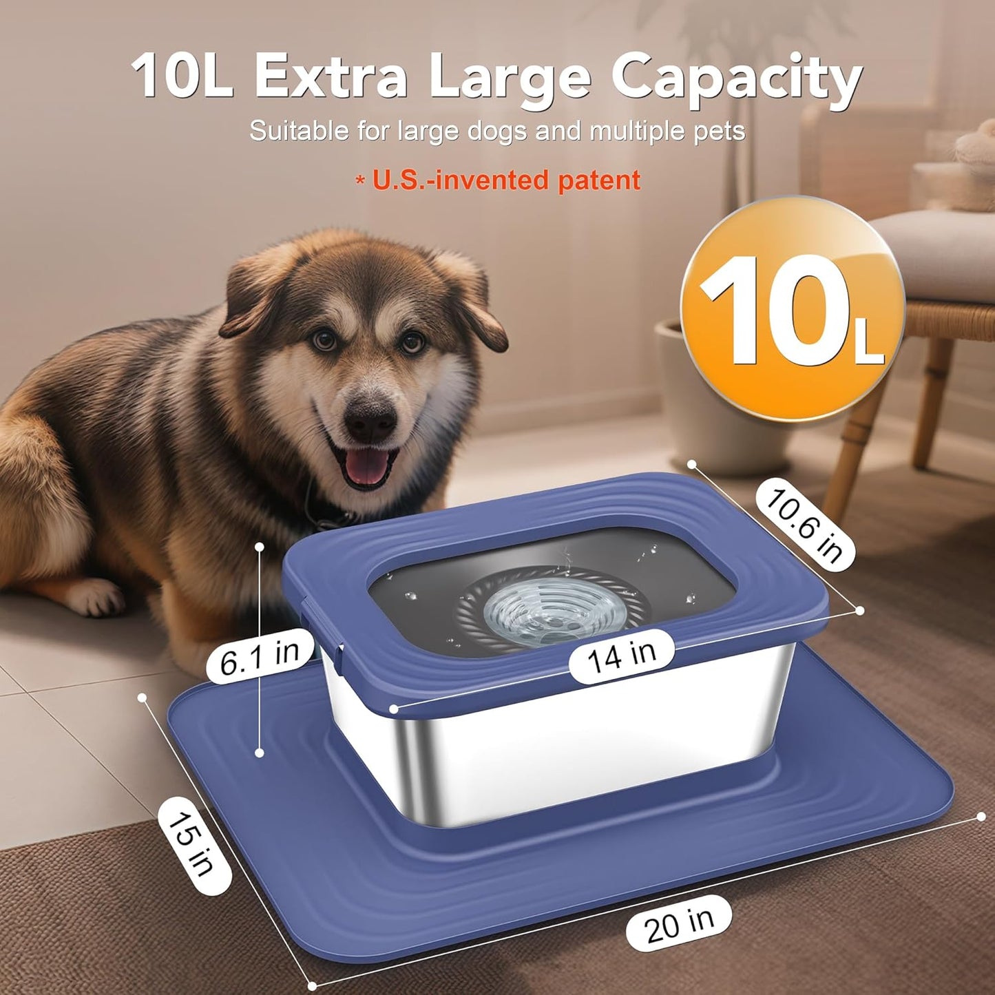 Decflow 10L Stainless Steel Dog Water Bowl, No Spill Anti-Splash Dog Bowls with XXL Silicone Mat, Spill-Proof Slow Feeder for Messy Drinkers, Heavy Duty Pet Bowls for Indoor/Outdoor Use Grey
