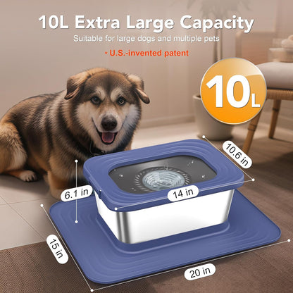 Decflow 10L Stainless Steel Dog Water Bowl, No Spill Anti-Splash Dog Bowls with XXL Silicone Mat, Spill-Proof Slow Feeder for Messy Drinkers, Heavy Duty Pet Bowls for Indoor/Outdoor Use Grey